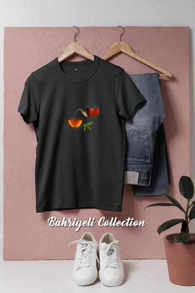 bahriyeli.jpeg تي شيرت للجنسين بتصميم الشاي التركي الأسود الكبير وإبريق الشاي
