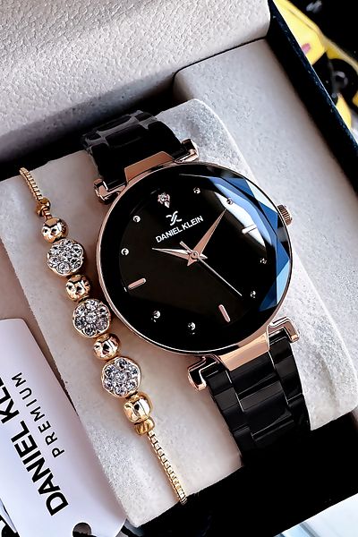 Daniel Klein Waterproof Black Cutout Glass Women Wrist Watch - Gift Bracelet with Steel Band Dkby2012C5