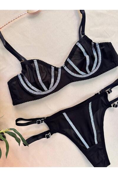 RUYAZ TEKSTİL Black See-Through Bra Panty Set with Glitter Stripe Detail Underwear Set Comfortable Underwear