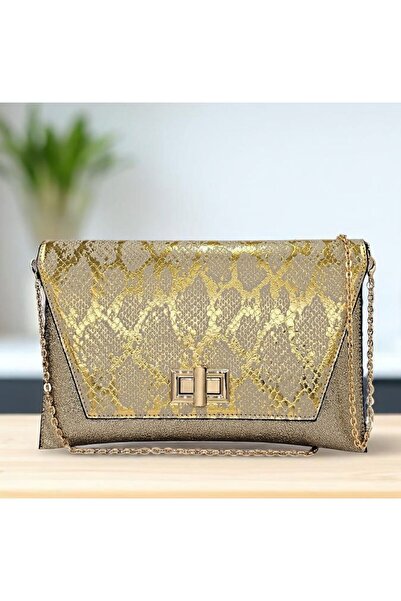 Evident Gold Yılan Desenli Kilit Detaylı Kadın Portföy & Clutch Çanta