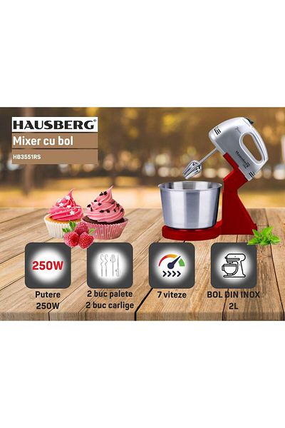 Hausberg HAUSBERG HB-3551RS Mixér s mísou, 7 rychlostí, výkon 250 W, 2L NEREZOVÁ MÍSA, Červená