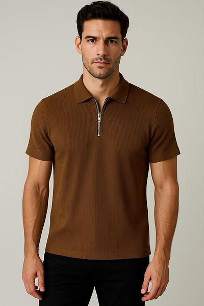 beuivo Men's Brown Ribbed Zippered Oversize Fit Polo Neck T-Shirt