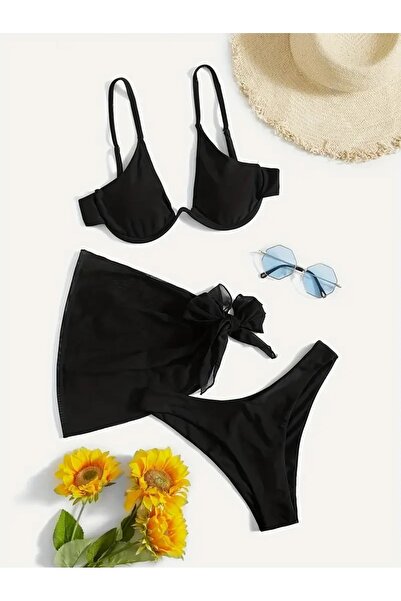 wishe Siyah Düz ve Çapraz Askı Sütyen Plaj 3 Parça Bikini Takım ve Pareosu