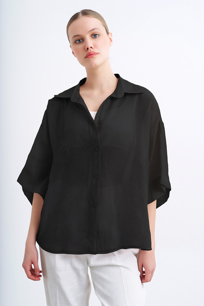 Eliss butik Black Oversize Silky Pery Shirt