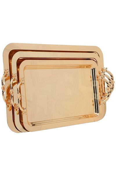 Alsaif Gallery Al Saif Gallery Stainless Steel Tray Set with Handles, 3 Pieces, Rectangular, Square Patterns - Gold