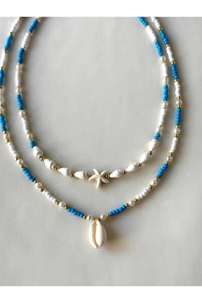 Rakoz Design Mavi Beyaz 2 Li Deniz Kabuğu Boncuk Kolye