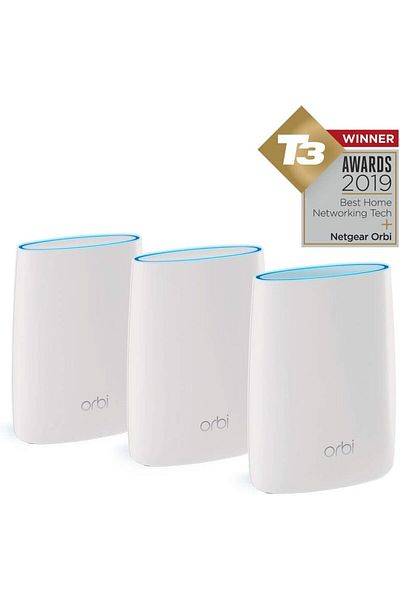 NETGEAR نظام Orbi RBK53S-100UKS لشبكة Wi-Fi المنزلية بالكامل مع حماية متقدمة من التهديدات السيبرانية، عبوة من 3 قطع