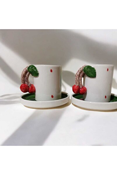 Dİ TAZZA Hand Made 2 Personality 4-Piece Coffee Cup Set with Cherry Handle 110 Ml.