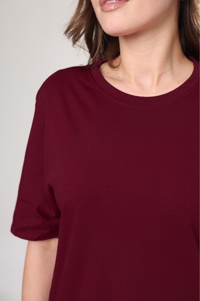 Tight Lady Γυναικείο μπλουζάκι Boyfriend Oversize - 100% βαμβάκι, Claret Red Crew Neck