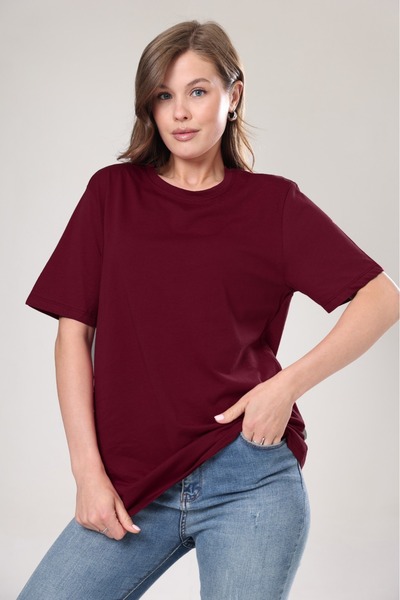 Tight Lady Γυναικείο μπλουζάκι Boyfriend Oversize - 100% βαμβάκι, Claret Red Crew Neck