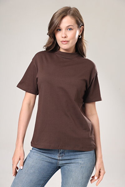 Tight Lady Γυναικείο μπλουζάκι καφέ Rib Basic - 100% οργανικό βαμβάκι, γιακάς, μισό ζιβάγκο