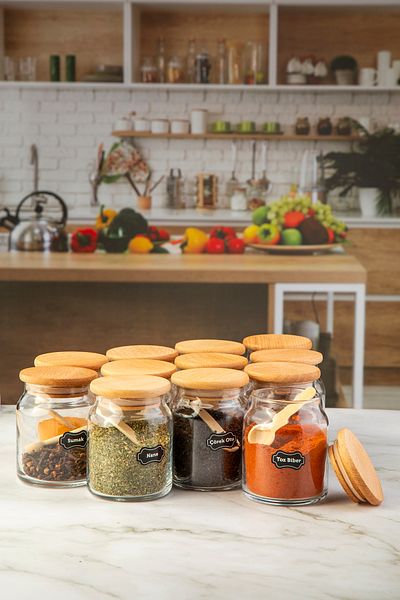 Perotti 300 ml 12 Jars with Spoons and Labeled Vacuum Lids and 12 Mini Spice Spoons 24 Pieces