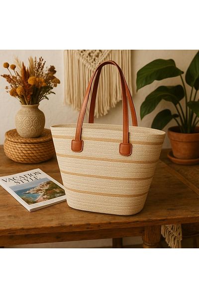 Axesoire Nwc-1043-1 Striped Beige Camel Straw Bag
