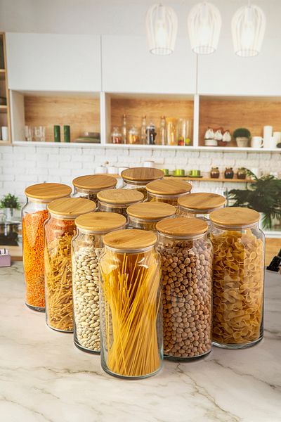 Karçiçeği Home Labeled, Jumbo Size 12-Piece Vacuum Glass Jar Set with Bamboo Lid 1440 ml