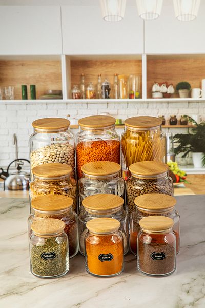 Karçiçeği Home 12 Pieces Bamboo Lid Glass Vacuum Pulses Storage Container Jar Set