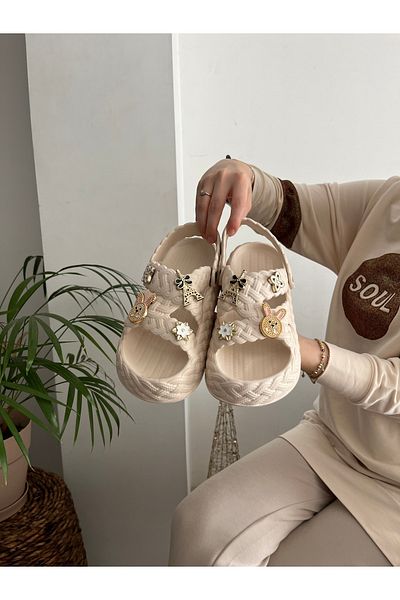 Behtah Kundura Stoned Stylish Design Open Front Beach Pool Garden Summer Soft Thick Sole Daily Slippers Sandals