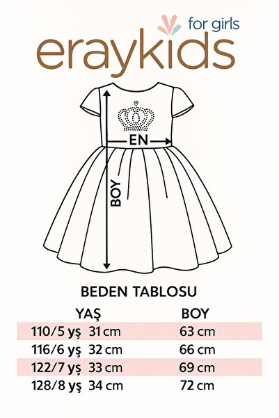Eray Kids Kız Çocuk Tül Abiye Elbise Taç Baskılı Kuyruk Detaylı Fiyonlu Yazlık Elbise 5-8 Yaş