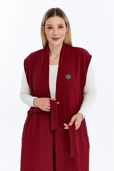 Laden Plus Size Women's Summer Oversized Hijab Pants Belted Brooch Pocket Long Vest Double Burgundy Suit