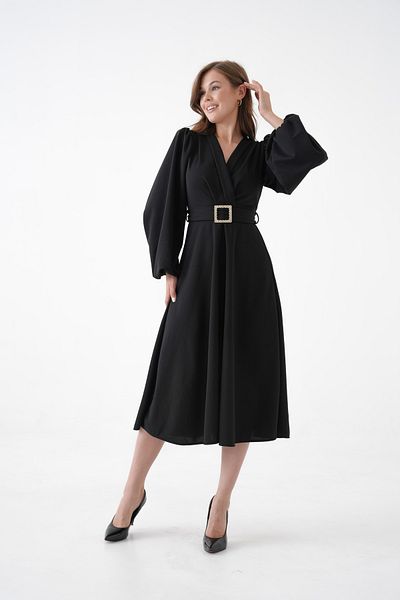 barış sülün lovebox Women's Crepe Fabric Double Breasted Neckline Balloon Sleeve Belt and Padded Design Black Midi Evening Dress 77132