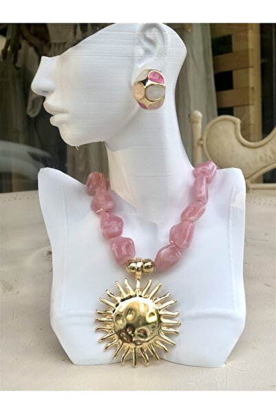 Gözde Tasarım Butik KADIN PEMBE RENK İTHAL CAM BONCUKLU KEMİK GÜNEŞ KOLYE