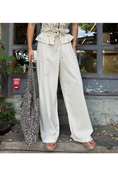 LUSSO Kadın Krem Kenarlardan Bağlamalı Pantolon