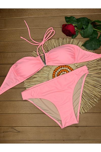 XORVİO Women's Lycra Flexible Drawstring Halter Neck Strapless Stylish Quality Pink V Detailed Bikini Suit