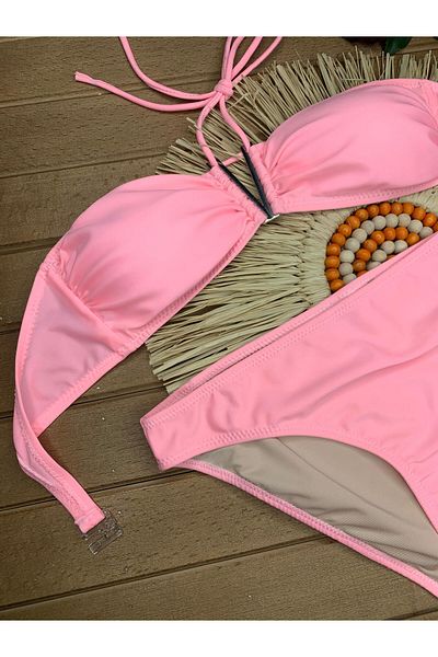 XORVİO Women's Lycra Flexible Drawstring Halter Neck Strapless Stylish Quality Pink V Detailed Bikini Suit