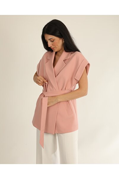 deqfashion Kadın Pembe Düşük Omuzlu Oversize Kuşaklı Yelek