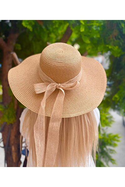 Trend Şapka 14232-32 Pălărie de paie lată Camel cu fundă din frânghie de iută