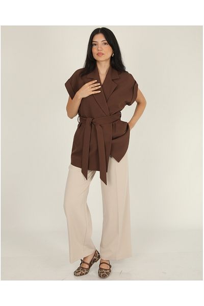 DEQ FASHION Women's Brown Color Off-Shoulder Oversize Belted Vest