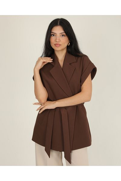 DEQ FASHION Women's Brown Color Off-Shoulder Oversize Belted Vest