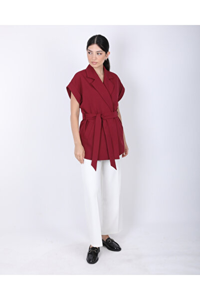 deqfashion Women's Burgundy Off-Shoulder Oversize Belted Vest