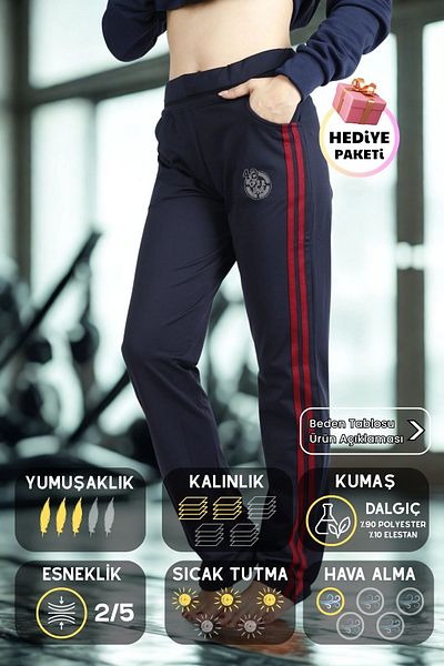 Azıcık Akıllı Women's Navy Blue Red Striped Flexible Comfortable Scuba Diving Fabric Sports Sweatpants 21kesaakt1