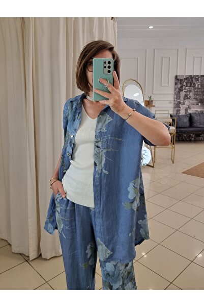 pudubutik Long Sleeve Patterned Linen Shirt Denim Italian