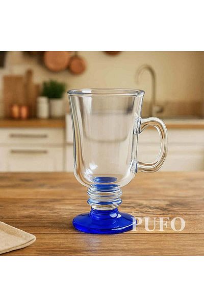 PUFO Cana elegantă din sticlă cu picior Pufo Blue Queen pentru cafea sau ceai, 250 ml