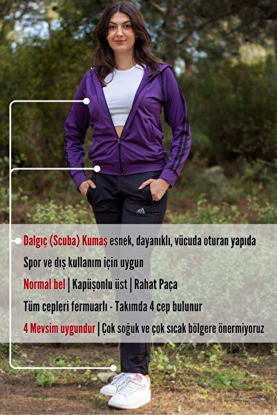 Azıcık Akıllı Kadın Mor Fermuarlı Kapüşonlu Dalgıç Scuba Alt Üst Spor Eşofman Takımı 21kestax11