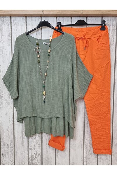 pudubutik İncecik Pamuklu Oversize Haki Bluz İtalyan