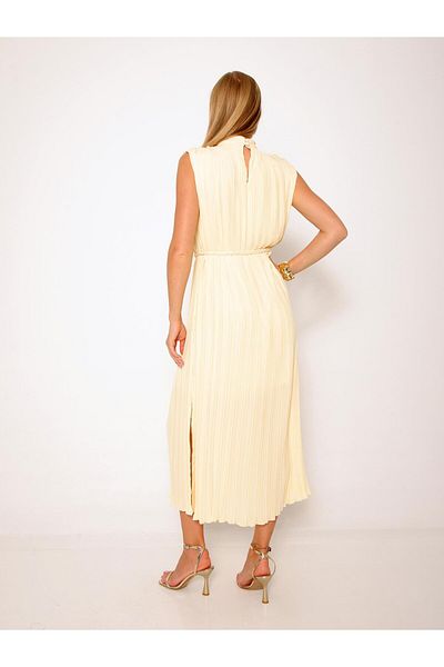 Julidress Rochie midi premium cu pliuri, fără mâneci, cu guler vertical galben