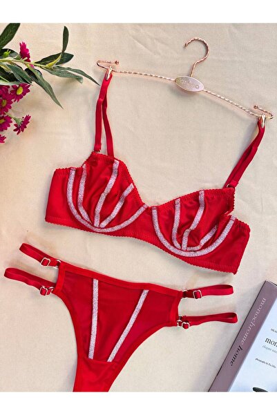 RUYAZ TEKSTİL Sutien transparent roșu cu detaliu dungi cu sclipici Set de lenjerie Set de lenjerie Lenjerie confortabilă
