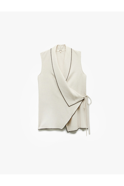 Koton Sleeveless Shawl Collar Asymmetrical Cutout Double Breasted Linen Blend...
