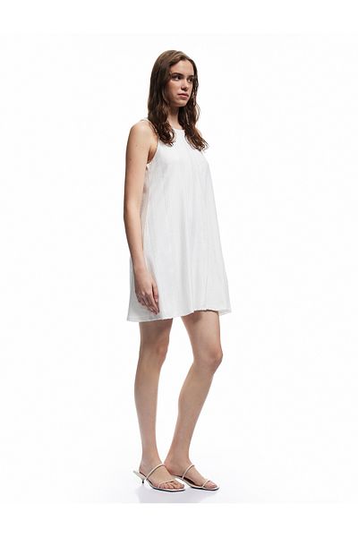 Koton Lined Wrinkle Fabric Embroidered Scalloped U-Neck Sleeveless Mini Dress