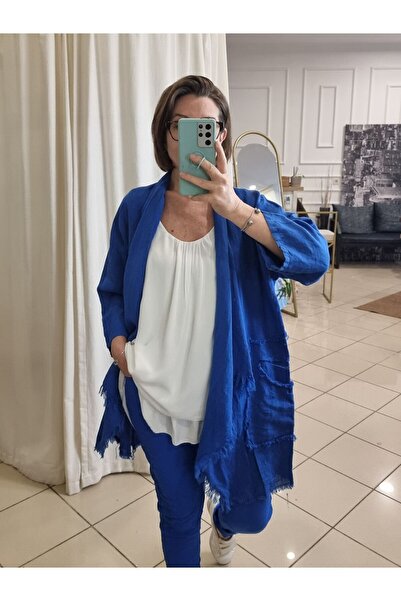 pudubutik Casual Linen Jacket Italian Blue