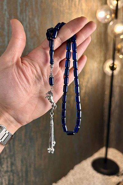 dergah tesbih Blue Plant Pigmented Drops Kejribar Silver Horse Design Rosary Amber
