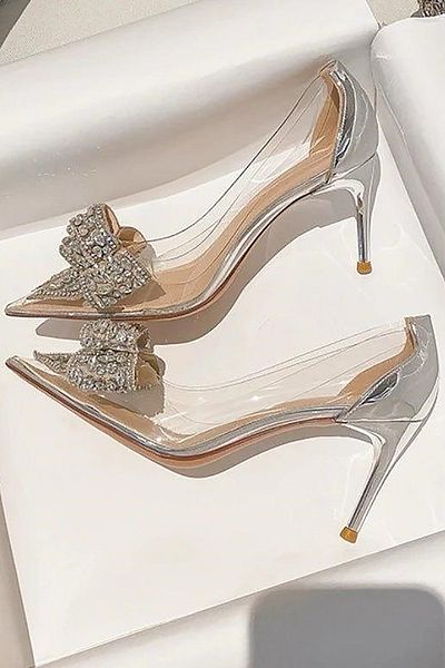 TrendyAnka Lady Princess Silver Transparent Nude Bow Buckle Rhinestone 8 cm Thin Heeled Wedding Engagement Evening Dress Shoes