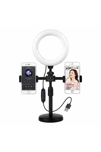 TrendiShop Dual Phone Stand with Circular LED Lamp, Adjustable Light Levels, TrendiShop