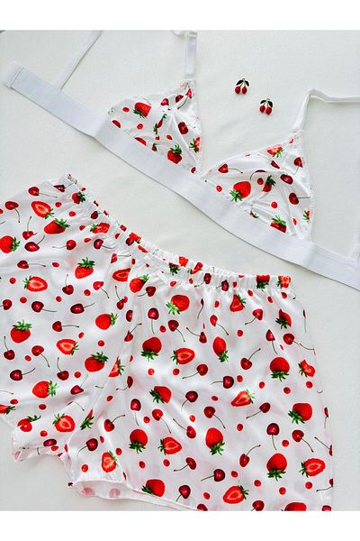 İNKO İÇ GİYİM Satin Patterned Bralet Shorts Set with Lace Detail