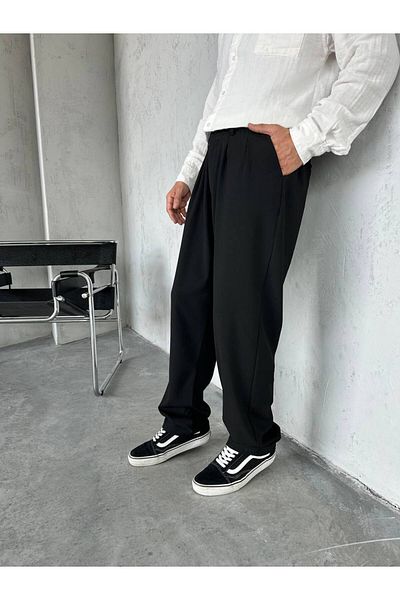 Gambocci Men's Baggy Wide Casual Pleated Elastic Waist Fabric Pants