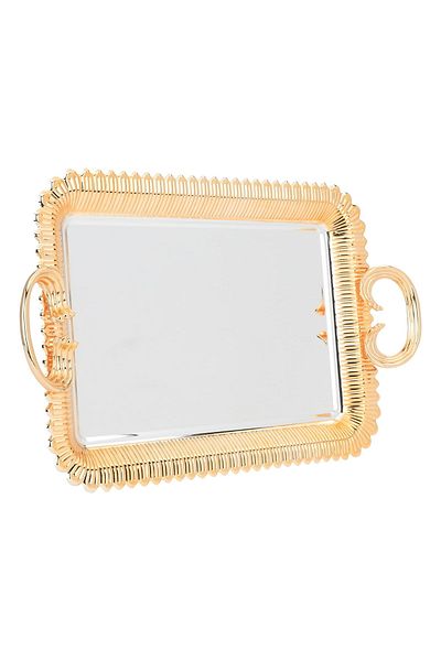 Alsaif Gallery Al Saif Gallery Stainless Steel Tray Set with Gold Handles, 3 Pieces - Silver
