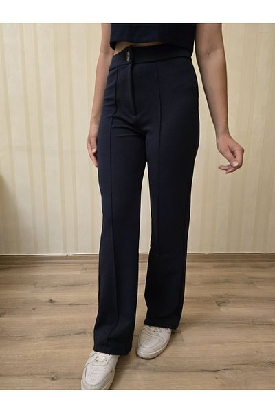 MODASPARK Navy Blue High Waist Gathered Flare Leg Women's Palazzo Trousers