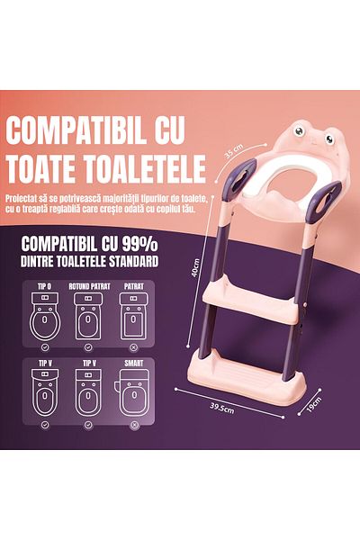 Pitikot Reductor WC copii Pitikot® cu scara si 2 trepte, sigur, reglabil, ergonomic, pliabil, roz/mov
